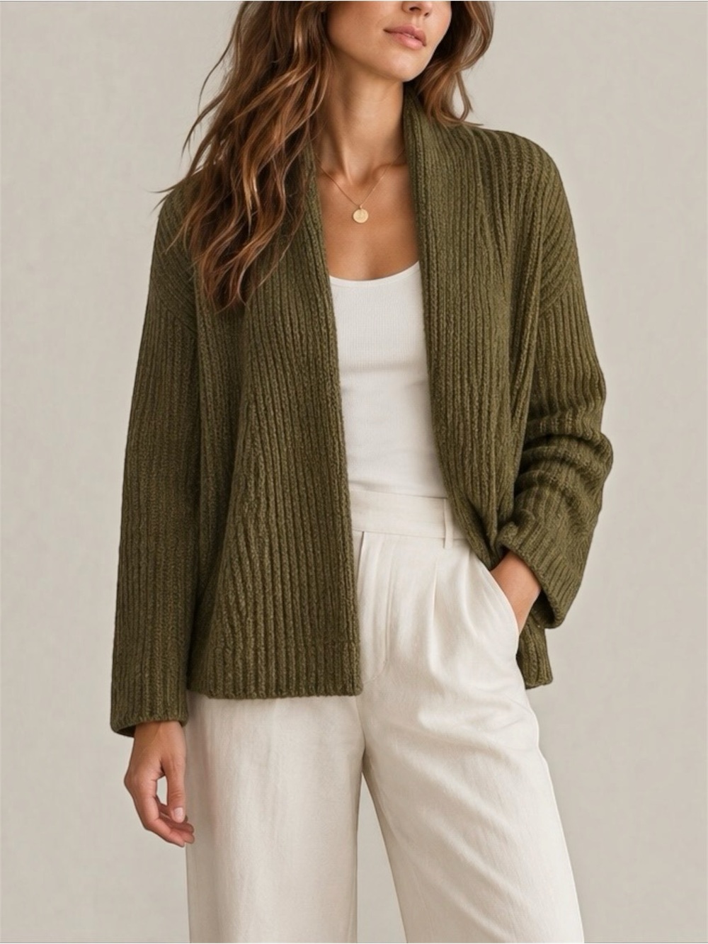 EILEEN FISHER Alpaca Silk Ribbed Cardigan Sweater Olive Green